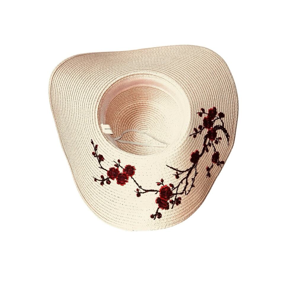 Wide Brim Pink Straw Sun Hat With Red & Black Delicate Floral Embroidery Design - Picture 7 of 8